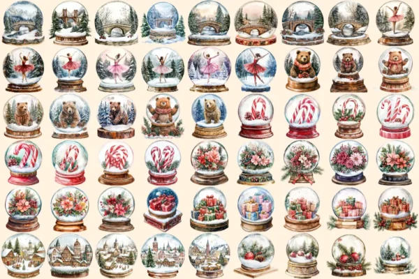 Christmas Snow Globes Watercolor Clipart Bundle - 348+ transparent PNG, Holiday cheer graphics, Cozy winter, Commercial use,Digital download