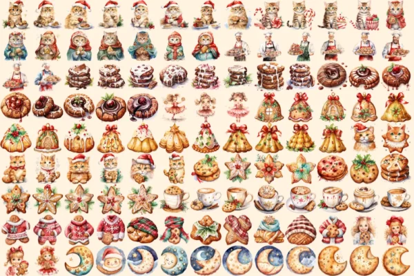 Christmas Cookies Watercolor Clipart Bundle - 815+ transparent PNG, Holiday cookie graphics, Festive baking, Commercial use,Digital download