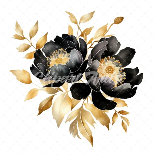 23 High-Quality Black Gold Peony Clipart - Black gold peony digital watercolor JPG instant download for commercial use - Digital download