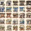 Cafes Watercolor Clipart Bundle - 220+ transparent PNG, Charming coffee shop graphics, Delightful bistro art,Commercial use,Digital download