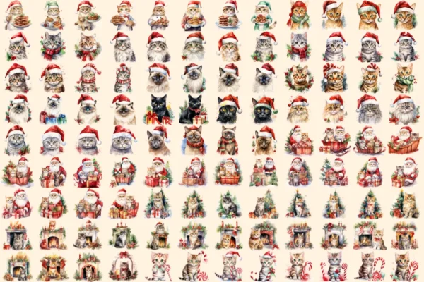 Christmas Cats Watercolor Clipart Bundle - 721+ transparent PNG, Holiday cat images, Cozy festive kitty png, Commercial use,Digital download