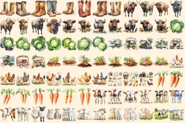 On the Farm Watercolor Clipart Bundle - 570+ transparent PNG, Rustic farmyard scenes png, Agricultural art, Commercial use, Digital download