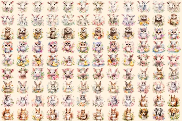 Spring Floral Animals Watercolor Clipart Bundle - 723+ transparent PNG, Spring pets graphics, Floral images, Commercial use,Digital download