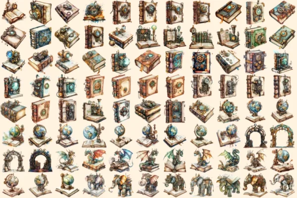Steampunk Books Watercolor Clipart Bundle - 603+ transparent PNG, Retro sci-fi books images, Futuristic art, Commercial use,Digital download