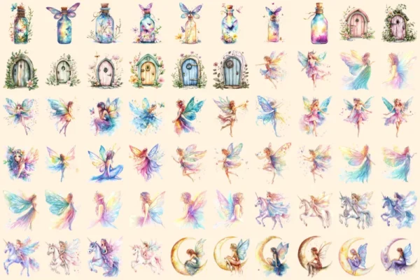 Magical Fairies Watercolor Clipart Bundle - 403+ transparent PNG, Fairy magic graphics, Enchanting images, Commercial use, Digital download
