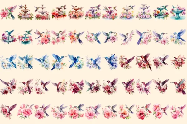 Floral Hummingbirds Watercolor Clipart Bundle - 380+ transparent PNG, Hummingbirds png, Spring bird images, Commercial use, Digital download