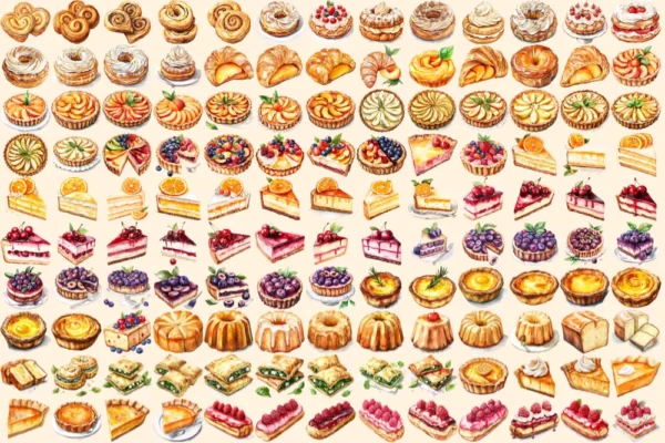 French Pastries Watercolor Clipart Bundle - 895+ transparent PNG, Elegant dessert graphics, Pastry images, Commercial use, Digital download