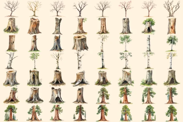 Tree Trunks Watercolor Clipart Bundle - 385+ transparent PNG, Wooden nature illustration, Eco forest art, Commercial use, Digital download