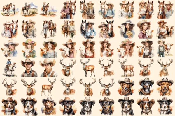 Ranch Watercolor Clipart Bundle - 374+ transparent PNG, Rustic homestead illustration, Western ranch art, Commercial use, Digital download