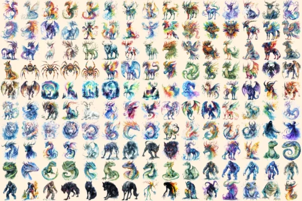 Mystical Creatures Watercolor Clipart Bundle - 1037+ transparent PNG, Mythical creatures png, Magical art, Commercial use, Digital download