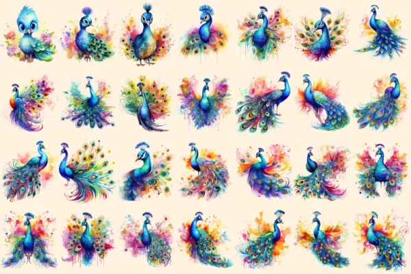 Rainbow Peacocks Watercolor Clipart Bundle - 175+ transparent PNG, Vibrant bird png, Colorful feathered art, Commercial use,Digital download