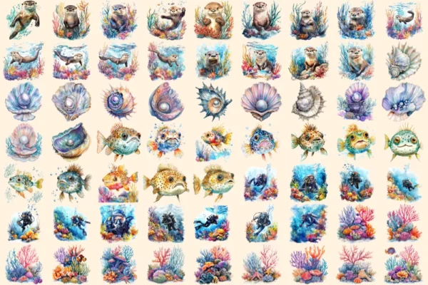 Under the Sea Watercolor Clipart Bundle - 422+ transparent PNG, Ocean life graphics, Marine creature art, Commercial use, Digital download