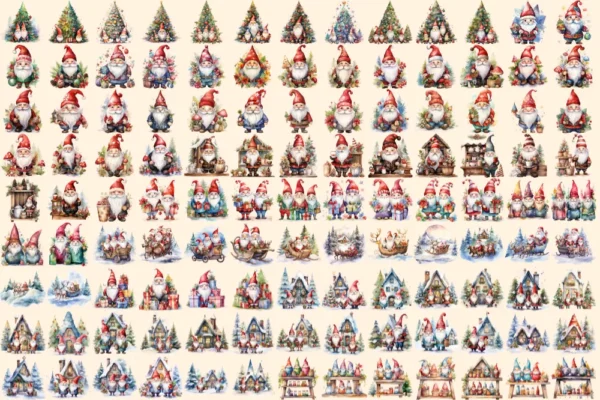 Christmas Gnomes Watercolor Clipart Bundle - 785+ transparent PNG, Festive magic graphics, Holiday gnome png,Commercial use,Digital download