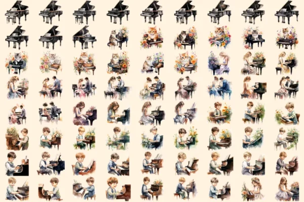 Piano Watercolor Clipart Bundle - 492+ transparent PNG, Musical instrument graphics, Melodic piano keys, Commercial use, Digital download