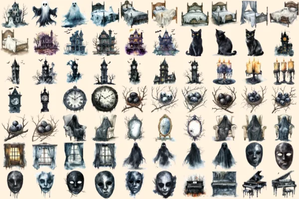 Haunted Mansion Watercolor Clipart Bundle - 475+ transparent PNG, Eerie house png, Ghostly spooky decor, Commercial use, Digital download