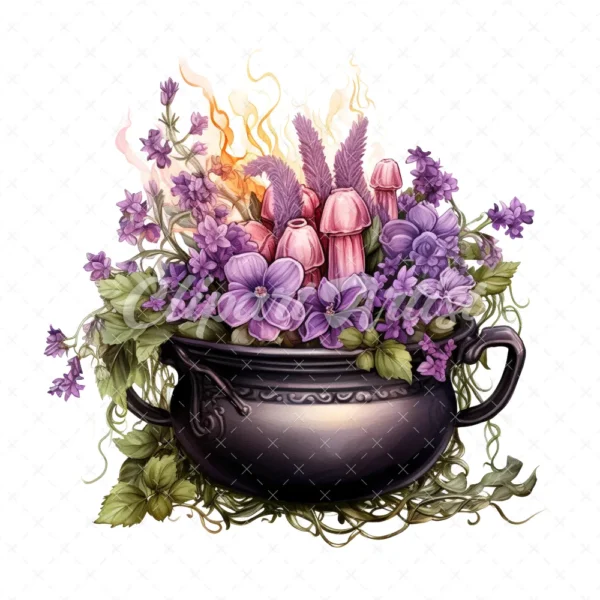 20 High-Quality Floral Cauldron Clipart - Floral cauldron digital watercolor JPG instant download for commercial use - Digital download