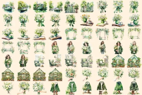 Green Spring Watercolor Clipart Bundle - 430+ transparent PNG, Cute spring girl graphics, Cozy spring png, Commercial use,Digital download