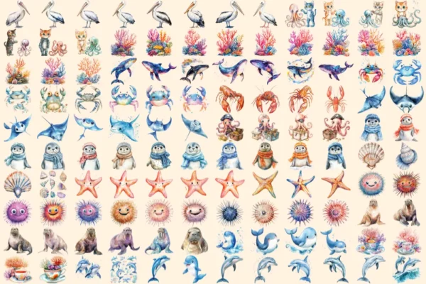 Sea Animals Watercolor Clipart Bundle - 832+ transparent PNG, Marine wildlife graphics, Ocean creature art, Commercial use, Digital download