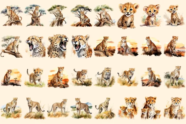 Cheetah Watercolor Clipart Bundle - 211+ transparent PNG, Safari cheetah graphics, Wild savanna images, Commercial use, Digital download