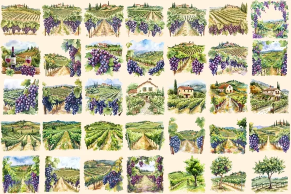 Vineyards Watercolor Clipart Bundle - 233+ transparent PNG, Rustic vineyard landscapes, Wine decor images, Commercial use, Digital download