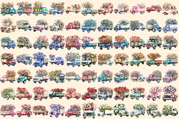 Floral Trucks Watercolor Clipart Bundle - 523+ transparent PNG, Blossom truck graphics, Floral vehicle png, Commercial use, Digital download