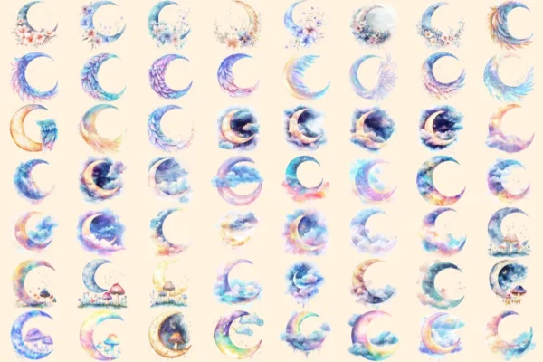 Heavenly Moons Watercolor Clipart Bundle - 389+ transparent PNG, Mystical night graphics, Ethereal moon art, Commercial use,Digital download