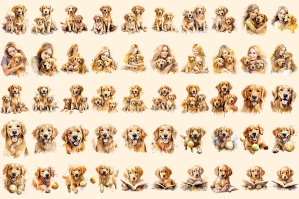 Golden Retrievers Watercolor Clipart Bundle - 345+ transparent PNG, Playful dog graphics, Golden pup art, Commercial use, Digital download