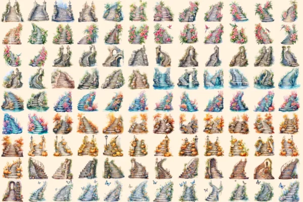Stone Stairs Watercolor Clipart Bundle - 698+ transparent PNG, Graceful step graphics, Charming stair png, Commercial use, Digital download