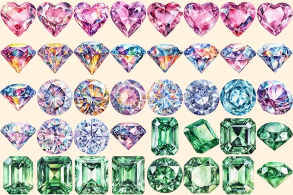 Diamonds Watercolor Clipart Bundle - 270+ transparent PNG, Elegant gem graphics, Sparkling jewel images, Commercial use, Digital download