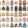 Floral Church Windows Watercolor Clipart Bundle - 340+ transparent PNG, Sacred graphics, Floral glass art, Commercial use, Digital download