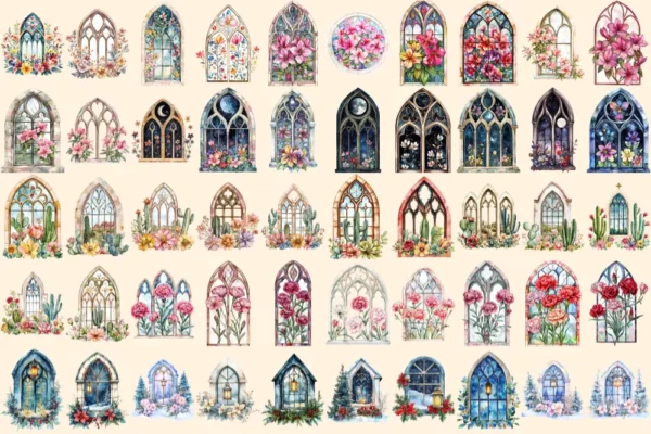 Floral Church Windows Watercolor Clipart Bundle - 340+ transparent PNG, Sacred graphics, Floral glass art, Commercial use, Digital download