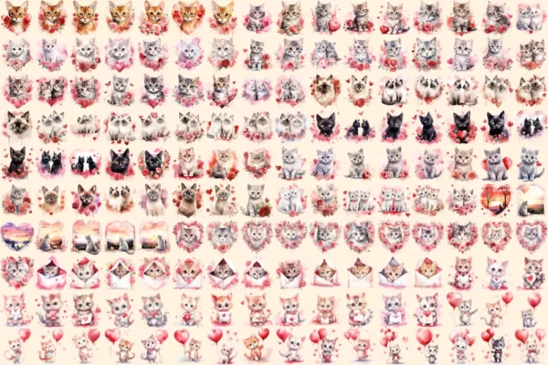 Valentine's Day Cats Watercolor Clipart Bundle - 1070+ transparent PNG, Romantic cat png,Loveable kitten art,Commercial use,Digital download