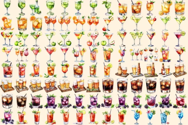 Alcoholic Drinks Watercolor Clipart Bundle - 690+ transparent PNG, Liquor cocktail illustrations, Drink png, Commercial use,Digital download