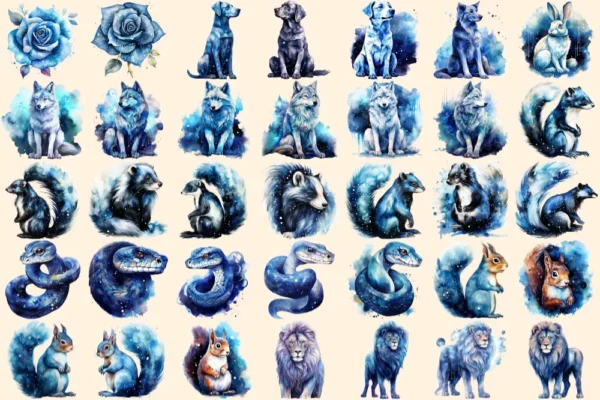 Celestial Animals Watercolor Clipart Bundle - 225+ transparent PNG, Cosmic animal graphics, Galactic art, Commercial use, Digital download