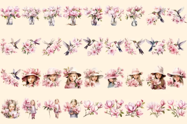 Magnolia Watercolor Clipart Bundle - 234+ transparent PNG, Botanical floral illustrations, Blossom images, Commercial use, Digital download