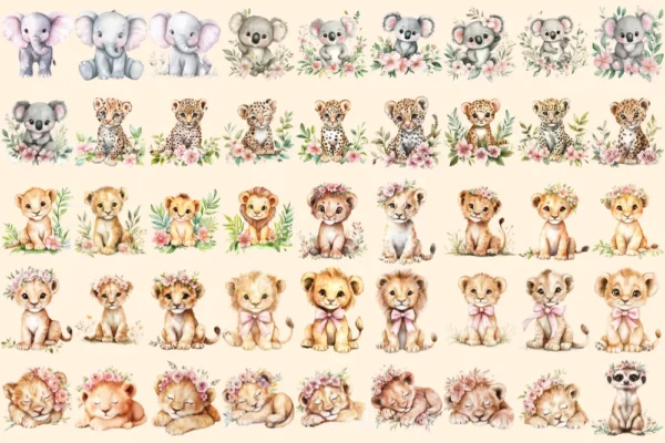 Pink Safari Watercolor Clipart Bundle - 290+ transparent PNG, Delicate nature graphics, Pink wildlife art, Commercial use, Digital download