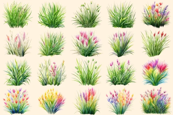 Grass Watercolor Clipart Bundle - 135+ transparent PNG, Botanical grass illustrations, Spring greenery art, Commercial use, Digital download