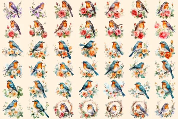 Robins Watercolor Clipart Bundle - 280+ transparent PNG, Delightful bird graphics, Adorable robin images, Commercial use, Digital download