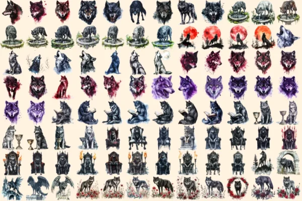 Gothic Wolves Watercolor Clipart Bundle - 630+ transparent PNG, Enigmatic lycan graphics, Shadowy wolf art, Commercial use, Digital download