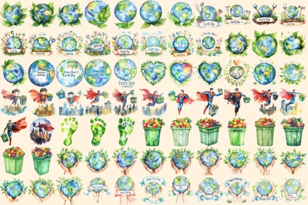 Earth Day Watercolor Clipart Bundle - 503+ transparent PNG, Eco-Friendly graphics, Planet care png images, Commercial use, Digital download