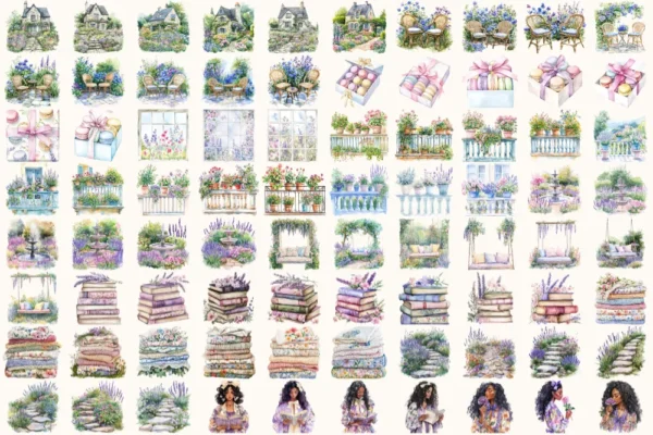 Monet's Garden Watercolor Clipart Set - 550+ transparent PNG, Spring garden graphics, Romantic florals art, Commercial use, Digital download