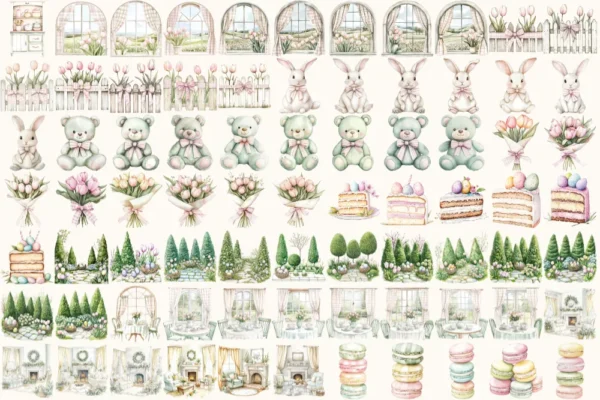 Happy Easter Watercolor Clipart Set - 510+ transparent PNG, Cozy spring illustrations, Cute egg graphics, Commercial use, Digital download