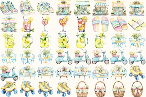 Bubbly Spring Watercolor Clipart Set - 340+ transparent PNG, Sweet summer graphics, Fun lollipop designs, Commercial use, Digital download