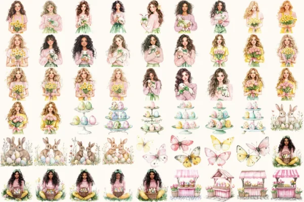 Joyful Easter Watercolor Clipart Set - 355+ transparent PNG, Spring bunnies eggs graphics, Easter joy art, Commercial use, Digital download