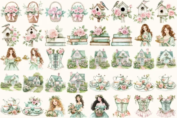 Secret Garden Watercolor Clipart Set - 275+ transparent PNG, Garden tea party graphics, Spring greenery art, Commercial use,Digital download