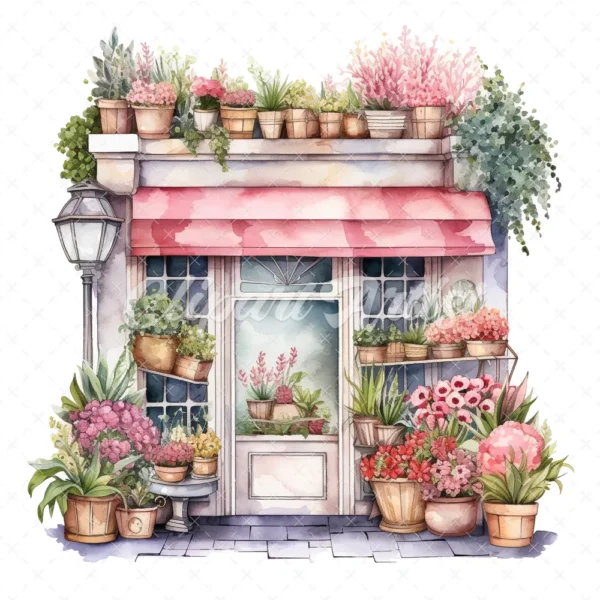 20 High-Quality Floral Storefronts Clipart - Storefronts digital watercolor JPG instant download for commercial use - Digital download