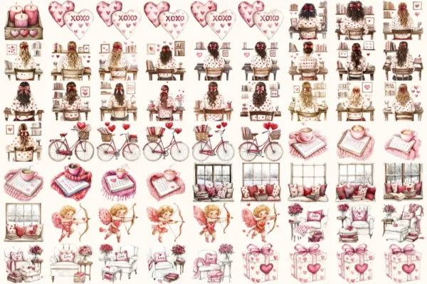 Planning in Love Watercolor Clipart Set - 415+ transparent PNG, Valentine graphics, Bookish love images, Commercial use, Digital download