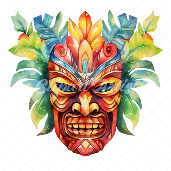 20 High-Quality Tiki Mask Clipart - Tiki mask digital watercolor JPG instant download for commercial use - Digital download