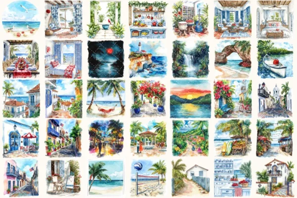 Puerto Rico Watercolor Clipart Set - 240+ transparent PNG, Summer island illustrations, Caribbean graphics, Commercial use, Digital download