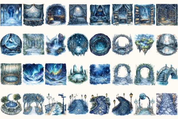 Celestial Elf Watercolor Clipart Set - 215+ transparent PNG, Magical nightscape graphics, Cosmic stars art, Commercial use, Digital download